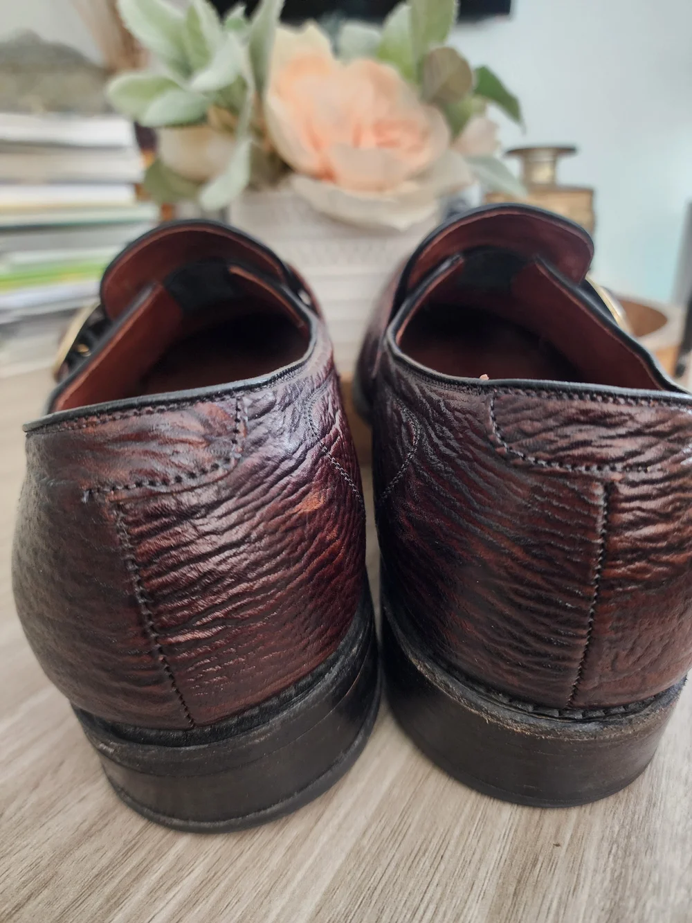 Vintage Allen Edmonds Warton Sharkskin Monk Strap Shoes Brown 8.5 E Wide 5579